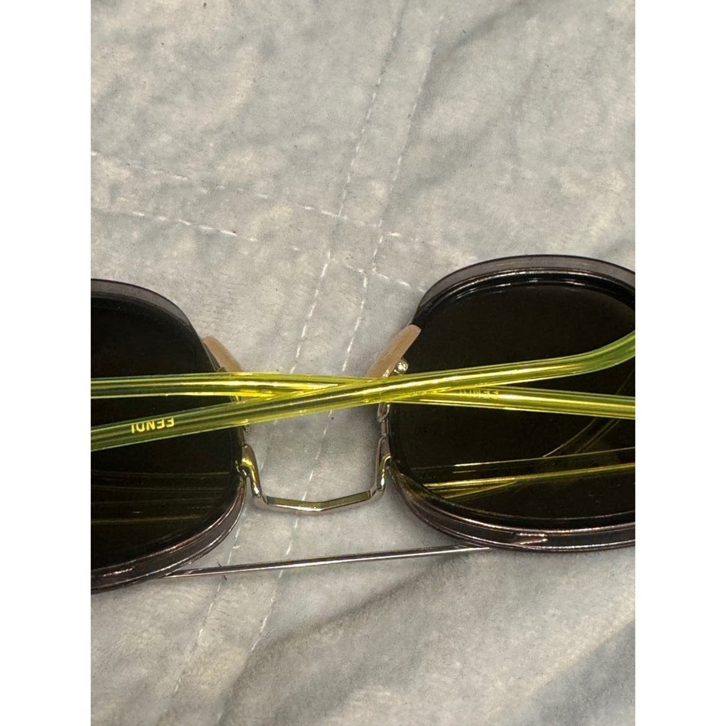 Fendi Sunglasses Black Frame Gold Brow Bar Neon Green Accents Designer Italy