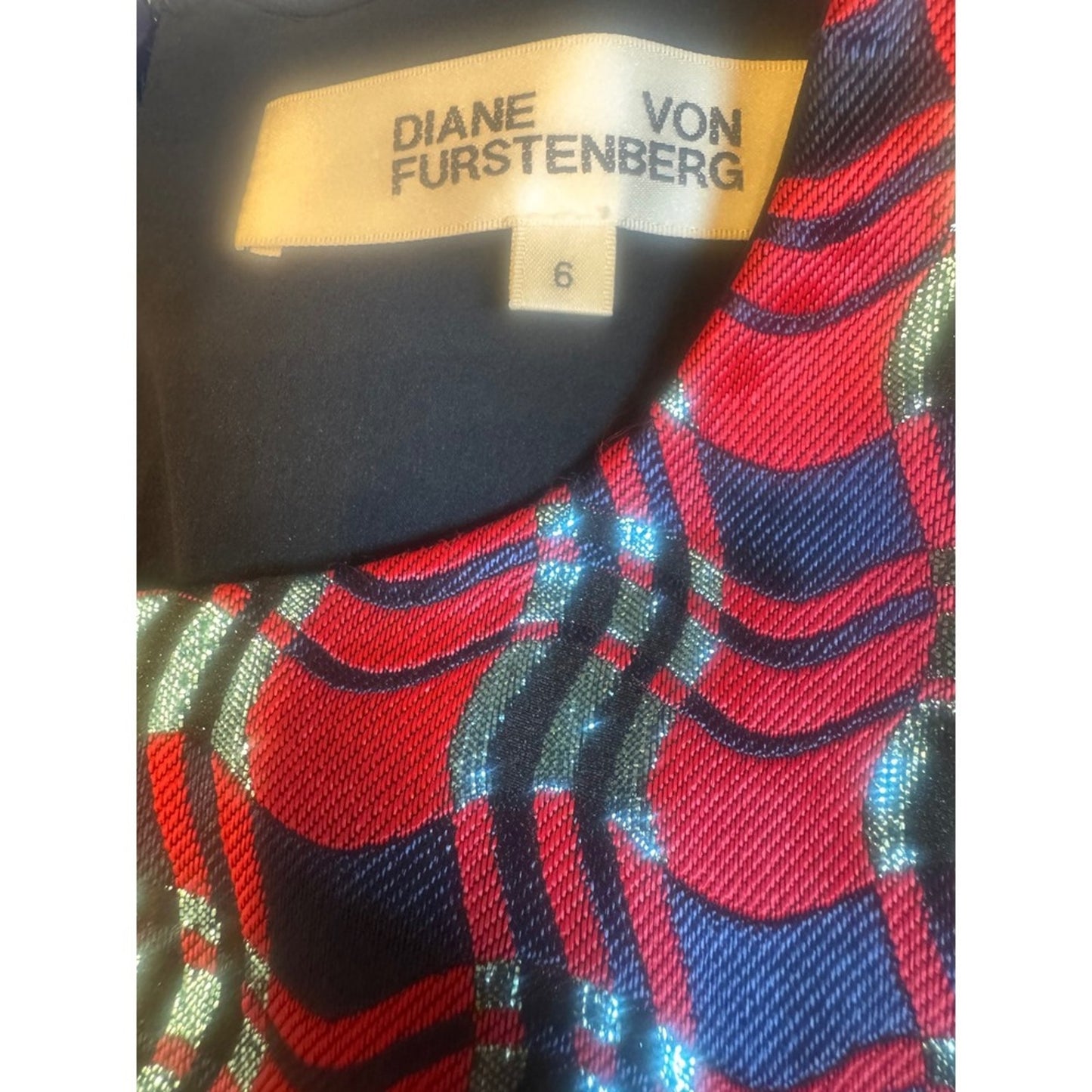 DVF Metallic Red Black Bodycon Dress Size 6
