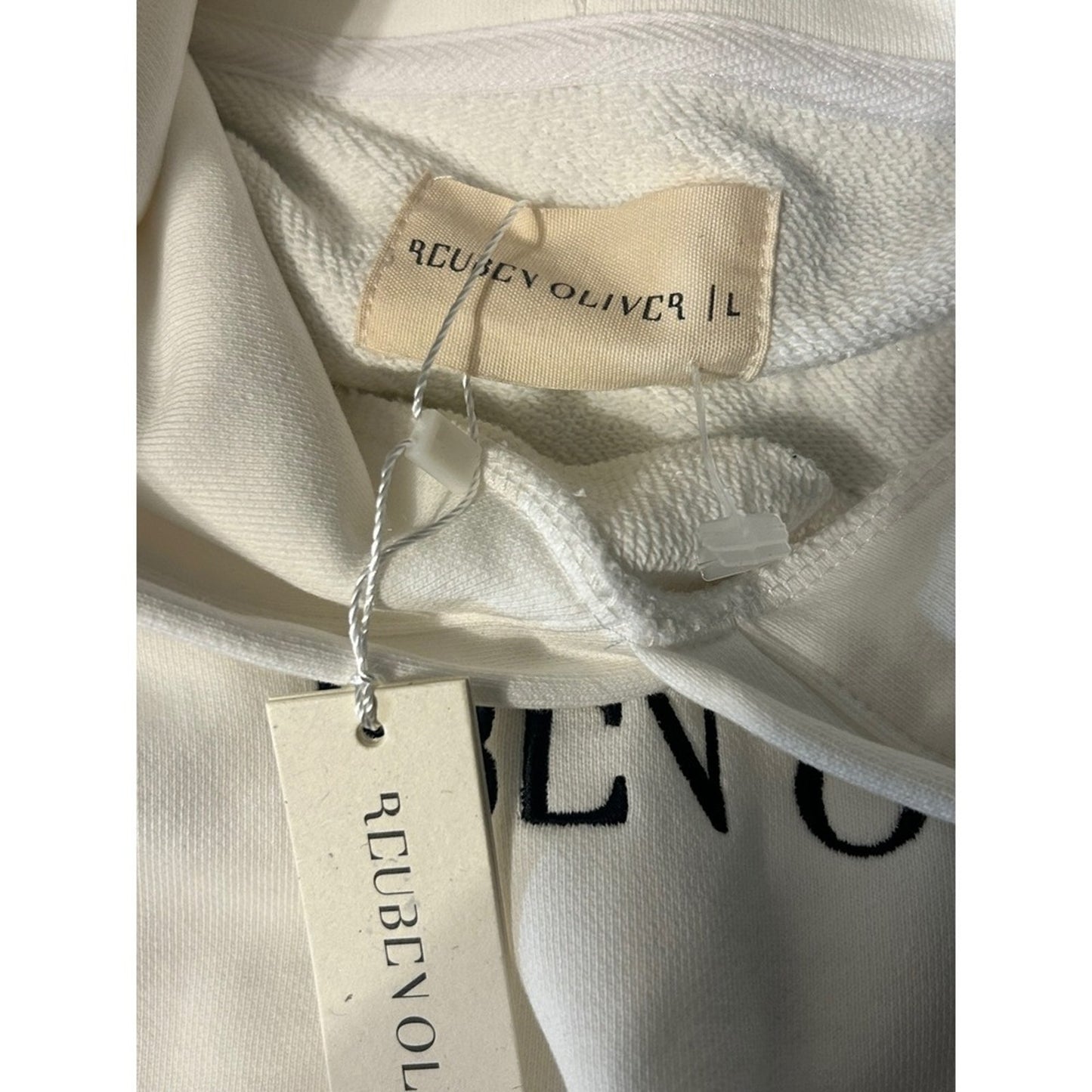 NWT REUBEN OLIVER Cream White Embroidered Logo Hoodie Pullover Sweatshirt Size L