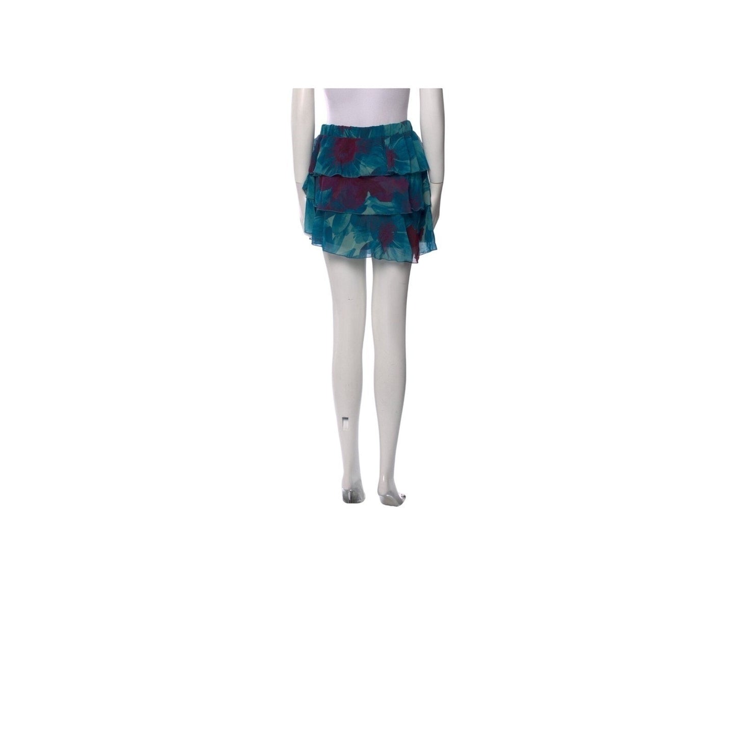 Ramy Brook Floral Print Ruffle Mini Skirt Teal Burgundy Size Medium