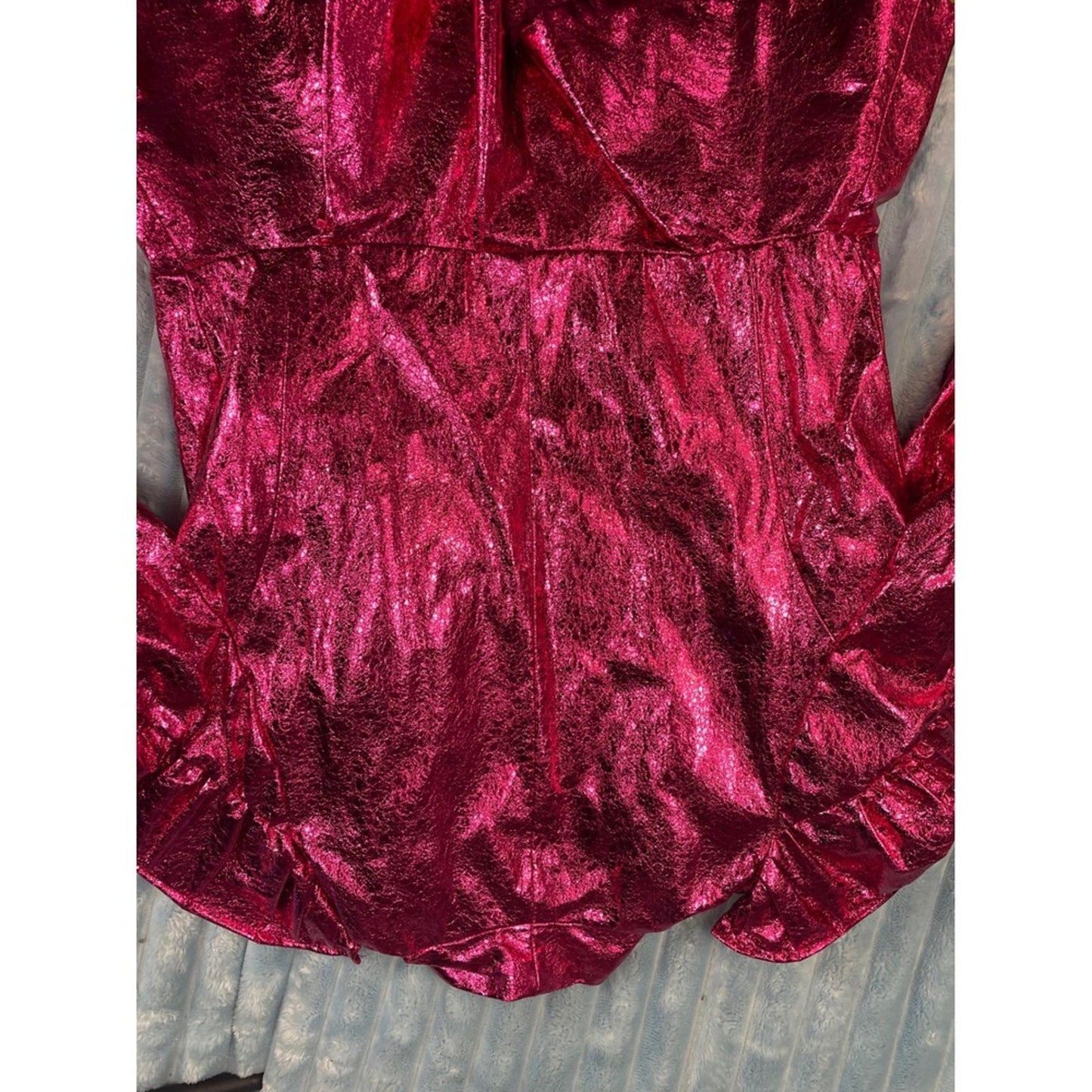 Maxjenny Pink Metallic Ruffle Peplum Jacket Puffy Sleeve Blazer size M
