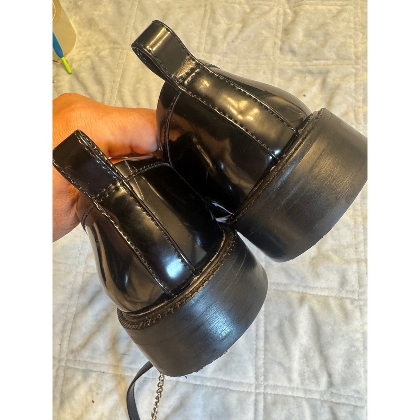 Sam Edelman Black Patent Leather Loafers with Gold Chain Accent