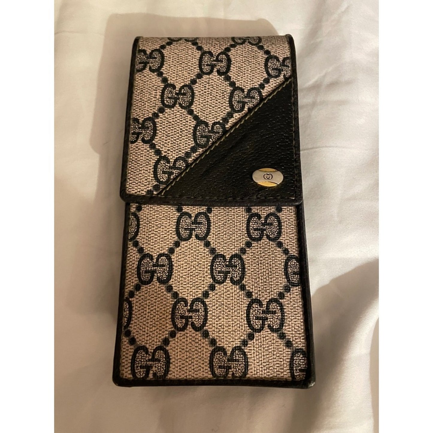 Gucci GG Monogram Canvas Leather Trim Card Holder Wallet Case Brown Beige