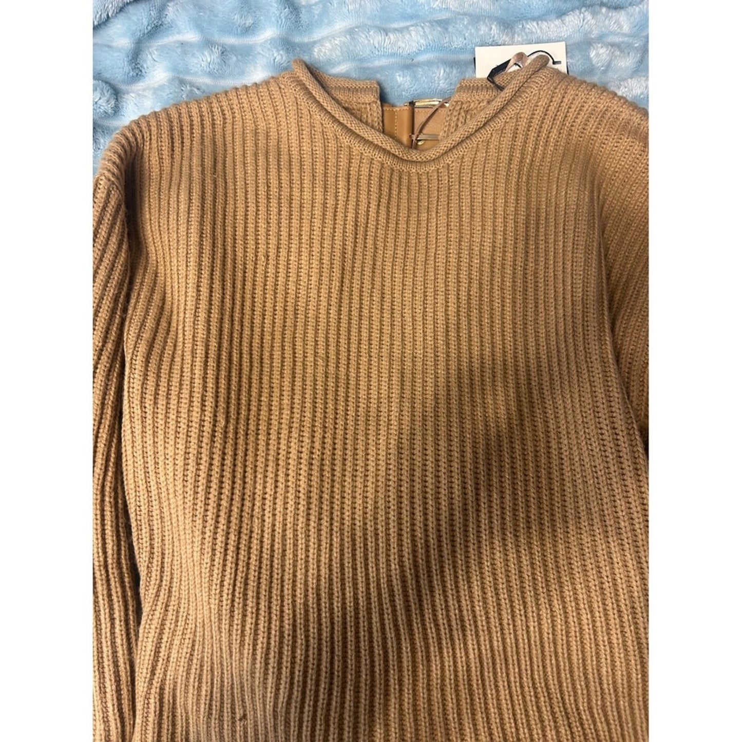 Tobi Wrap Front Ribbed Sweater Womens S Camel Tan NWT Buckle Back Detail