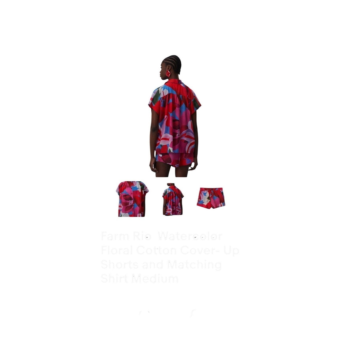 FARM RIO Button Front Blouse Red Pink Blue Floral Print Short Sleeve size S NWT