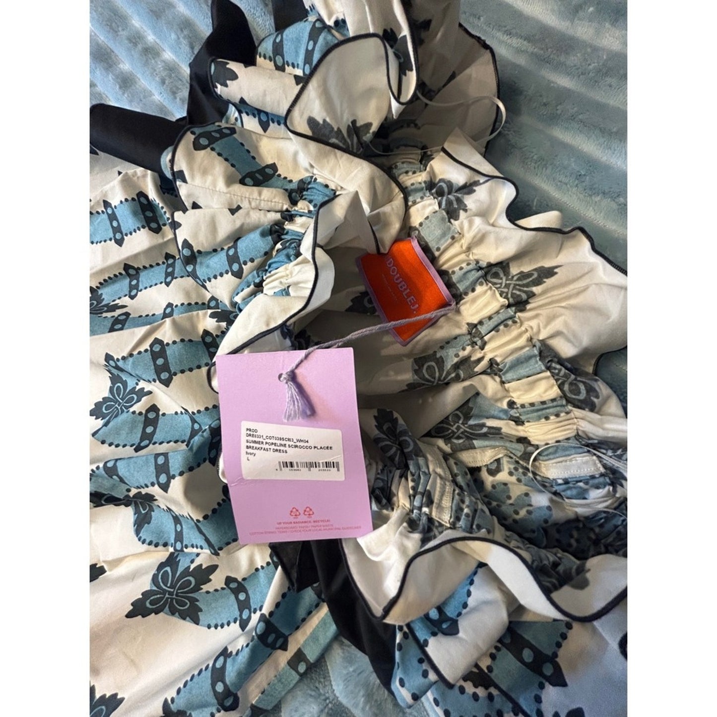 La DoubleJ Breakfast Dress Women L Ivory Blue Scirocco Poplin NWT Off Shoulder