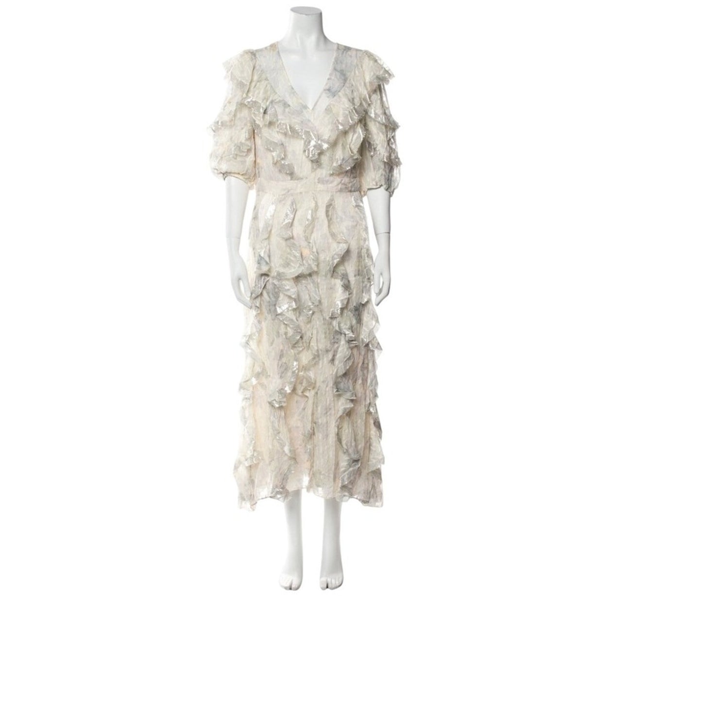 Rebecca Taylor Silk Long Dress Ruffle Tiered Floral Print Beige XL US 12