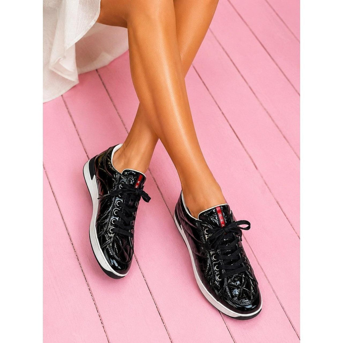 Prada Black Patent Leather Low-Top Sneakers Red Logo Women's US 11 EU 41