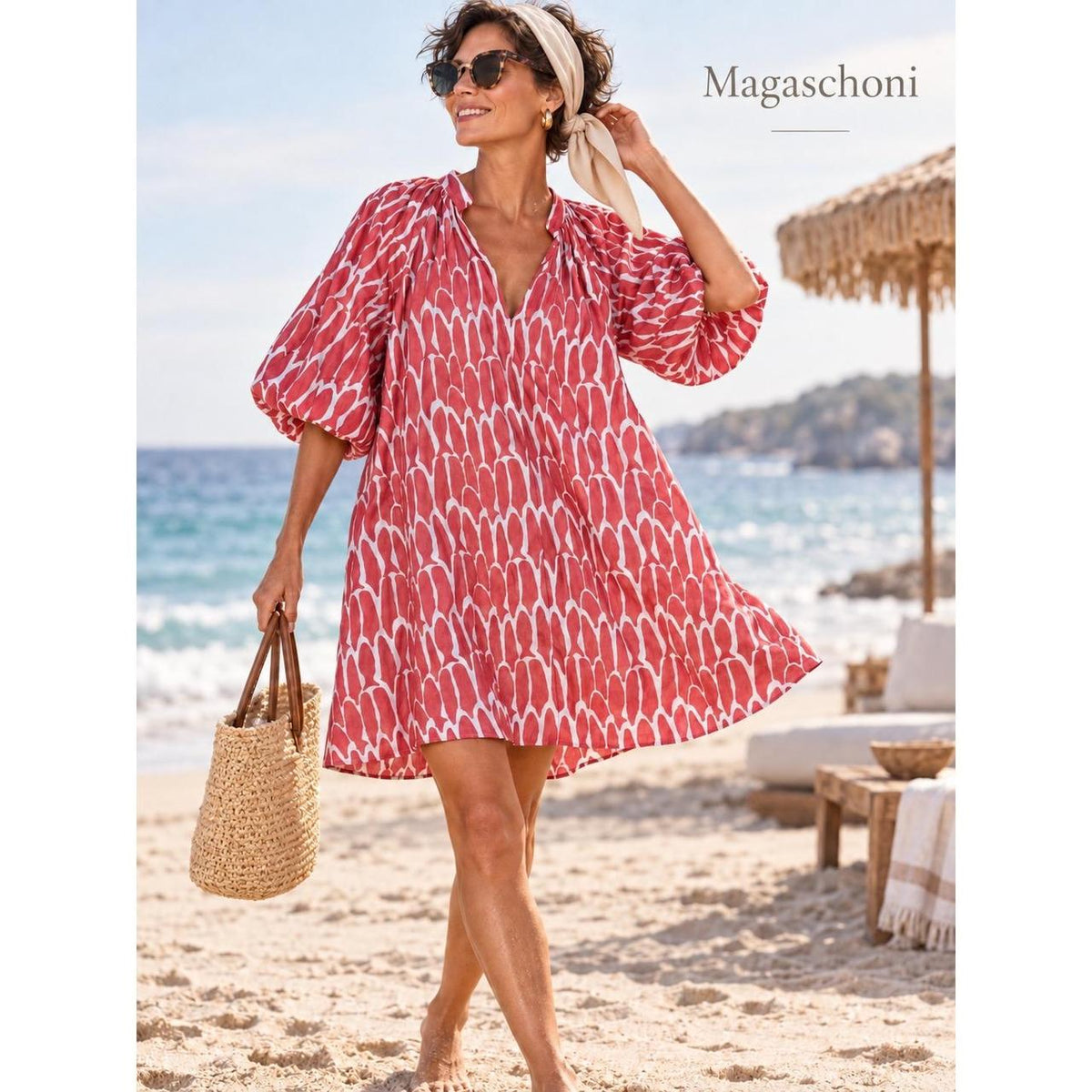 Magaschoni Coral Pink White Linen-Blend Geometric Tunic Dress Women's S