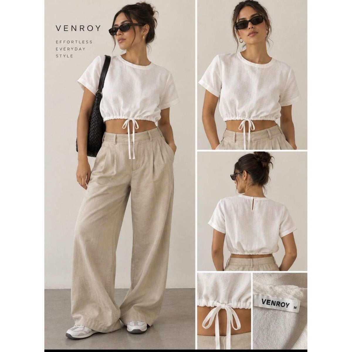 Venroy White Linen Cropped Drawstring Top Women's M