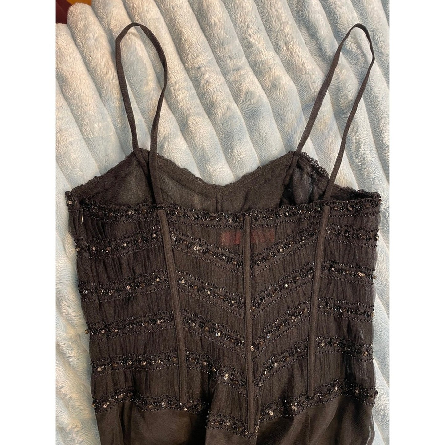 ANDREAMARAMON Evening Gown Beaded Straps Black Sheer Fishtail