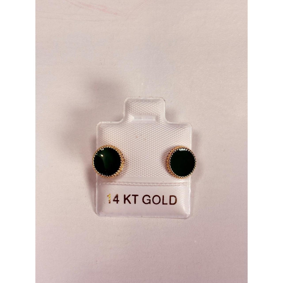14K Gold Green Enamel Round Stud Earrings Beaded Edge