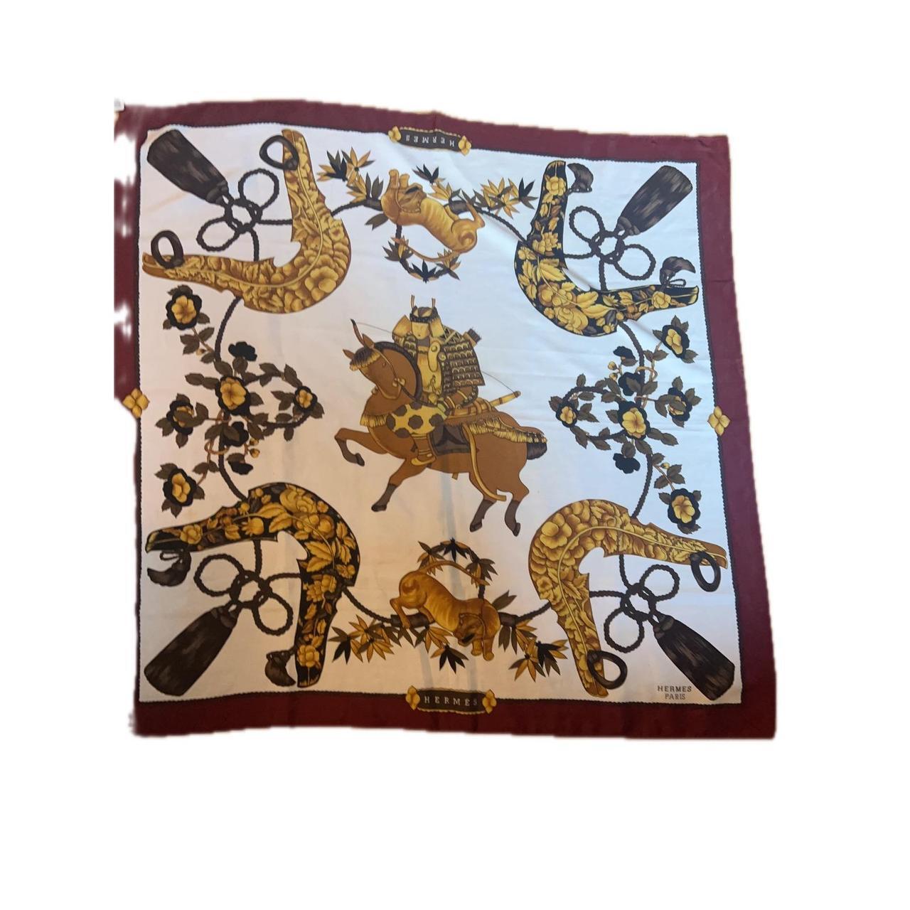 Hermes Parures de Samourais Silk Scarf Burgundy Gold Aline Honore 80cm Square