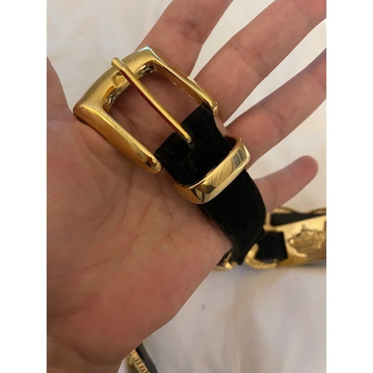 Dolce & Gabbana Vintage Velvet Belt – Gold Baroque Lion & Crown Medallion