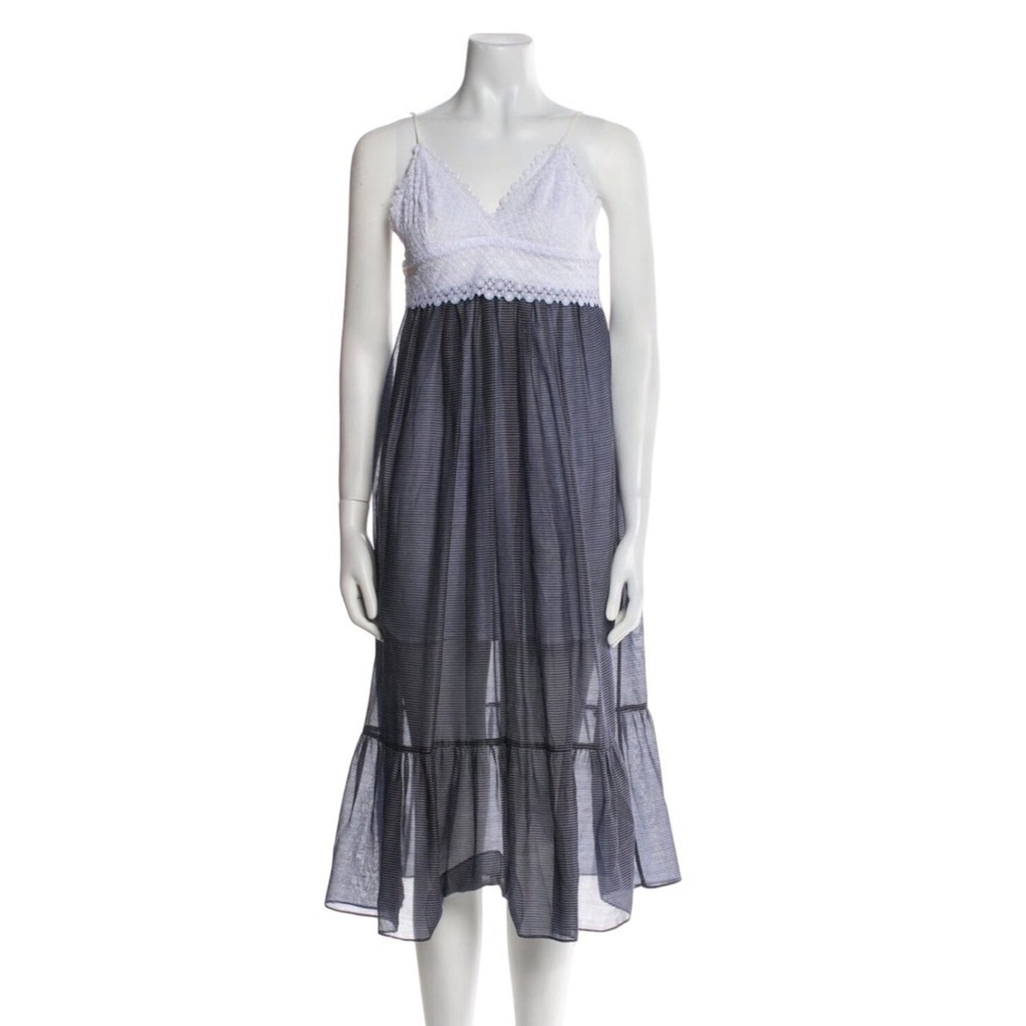 Sandro Sheer Stripe Lace Trim Maxi Dress Spaghetti Strap V Neck