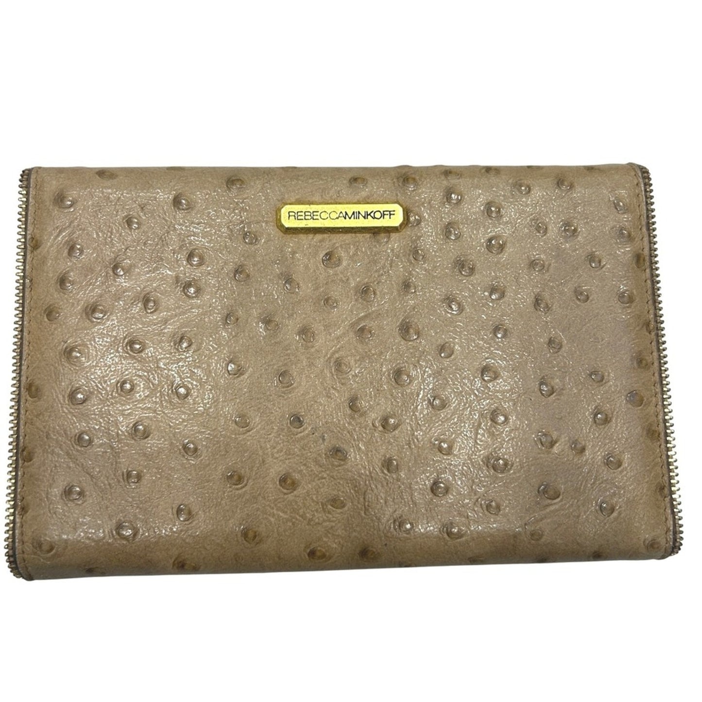 Rebecca Minkoff Ostrich Embossed Leather Zip Around Wallet Beige Gold Tone