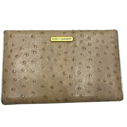 Rebecca Minkoff Ostrich Embossed Leather Zip Around Wallet Beige Gold Tone