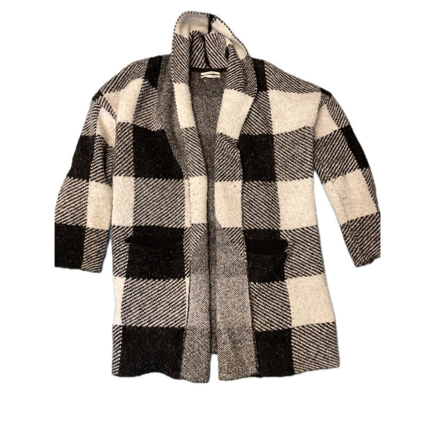 Anthropologie Plaid Long Open Front Knit Cardigan Jacket Black White size M