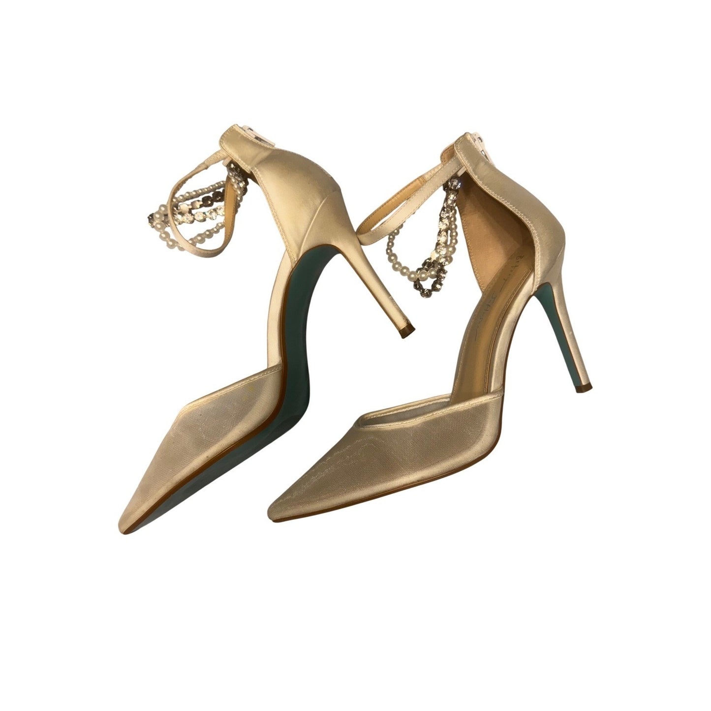 Betsey Johnson Ivory Rhinestone Pearl Ankle Strap Pointed Toe Heels