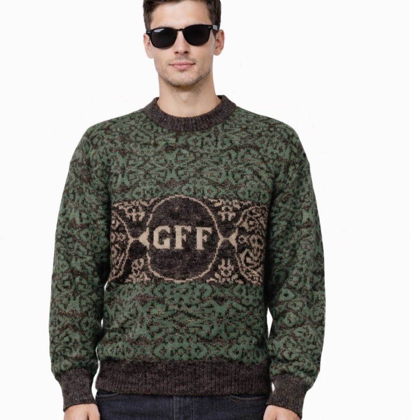Gianfranco Ferre GFF Knit Sweater Green Geometric Pattern Menswear