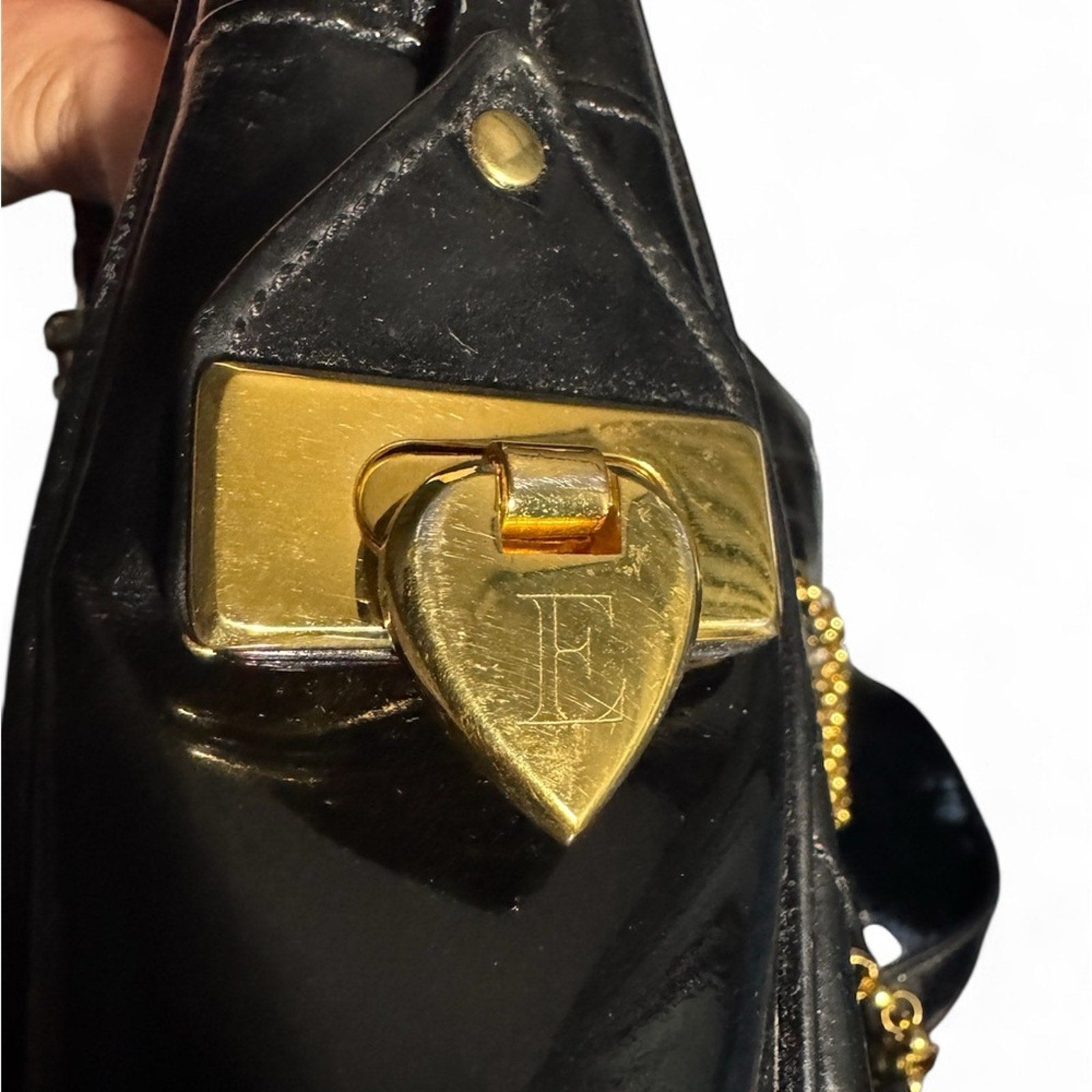 Escada Black Glossy Shoulder Bag with Gold Accents