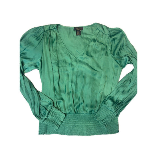 RACHEL Rachel Roy Emerald Green Ruched Elastic Waist V Neck Long Sleeve Blouse M
