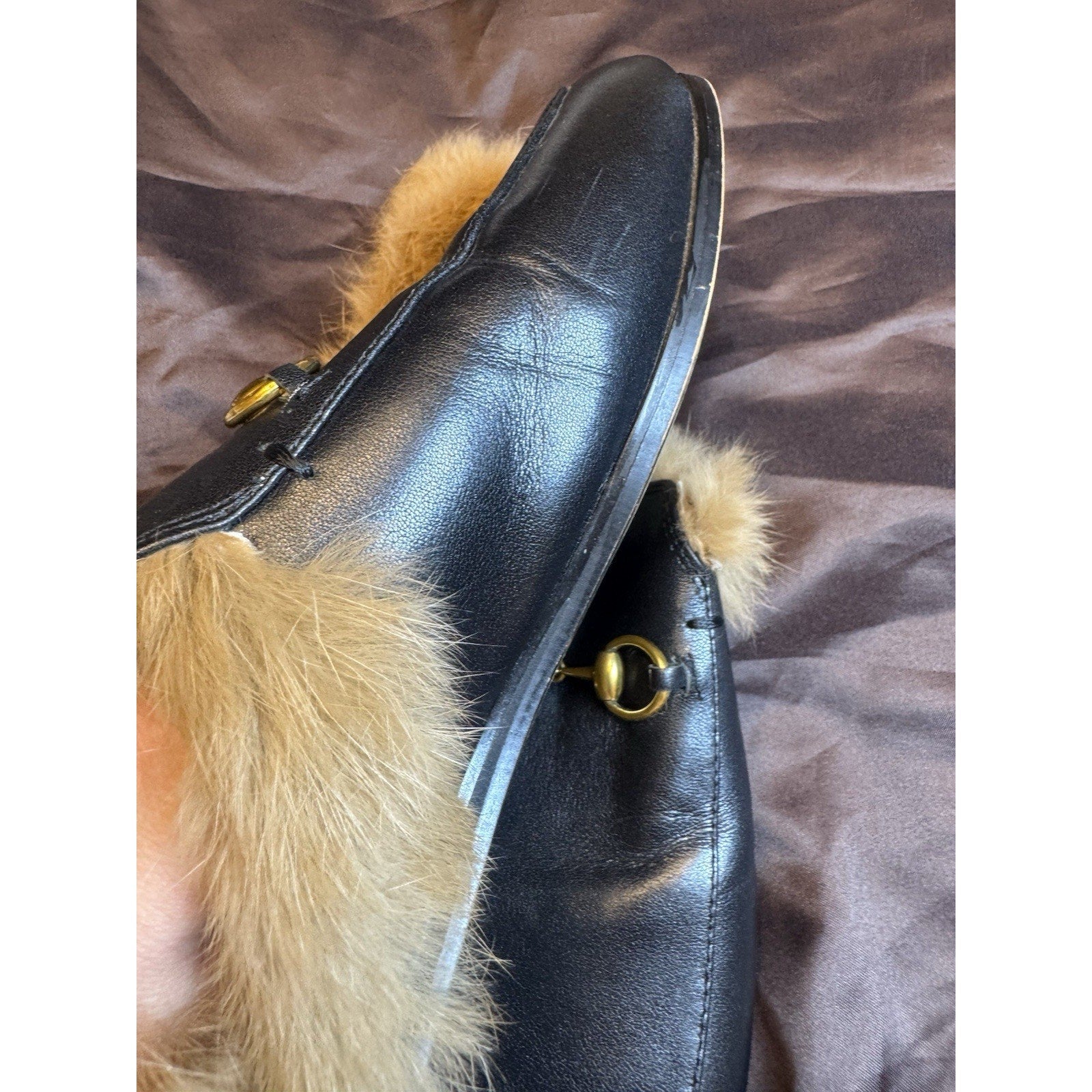 Gucci Princetown Black Leather Fur Lined Horsebit Mules Loafers Size 39 IT 9