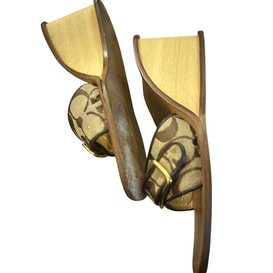 Coach Monogram Wedge Sandals 2000s Y2K Brown Logo Buckle Heels Size 7.5