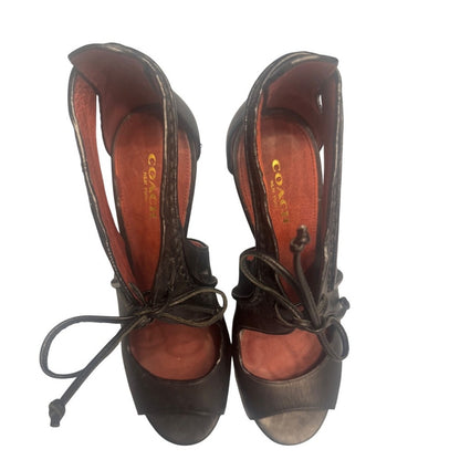 Coach Black Leather Lace-Up Cutout Heels w/ Snakeskin Stiletto | Size 7.5