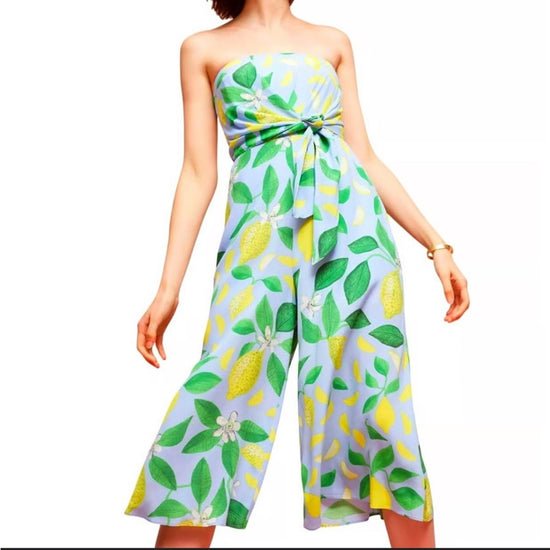 Anthropologie Maeve Blue and‎ Green Geometric Lemon  Strapless Jumpsuit