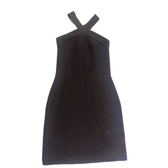 Babaton Black Ribbed Mini Dress Sleeveless Bodycon Criss Cross Halter Neck