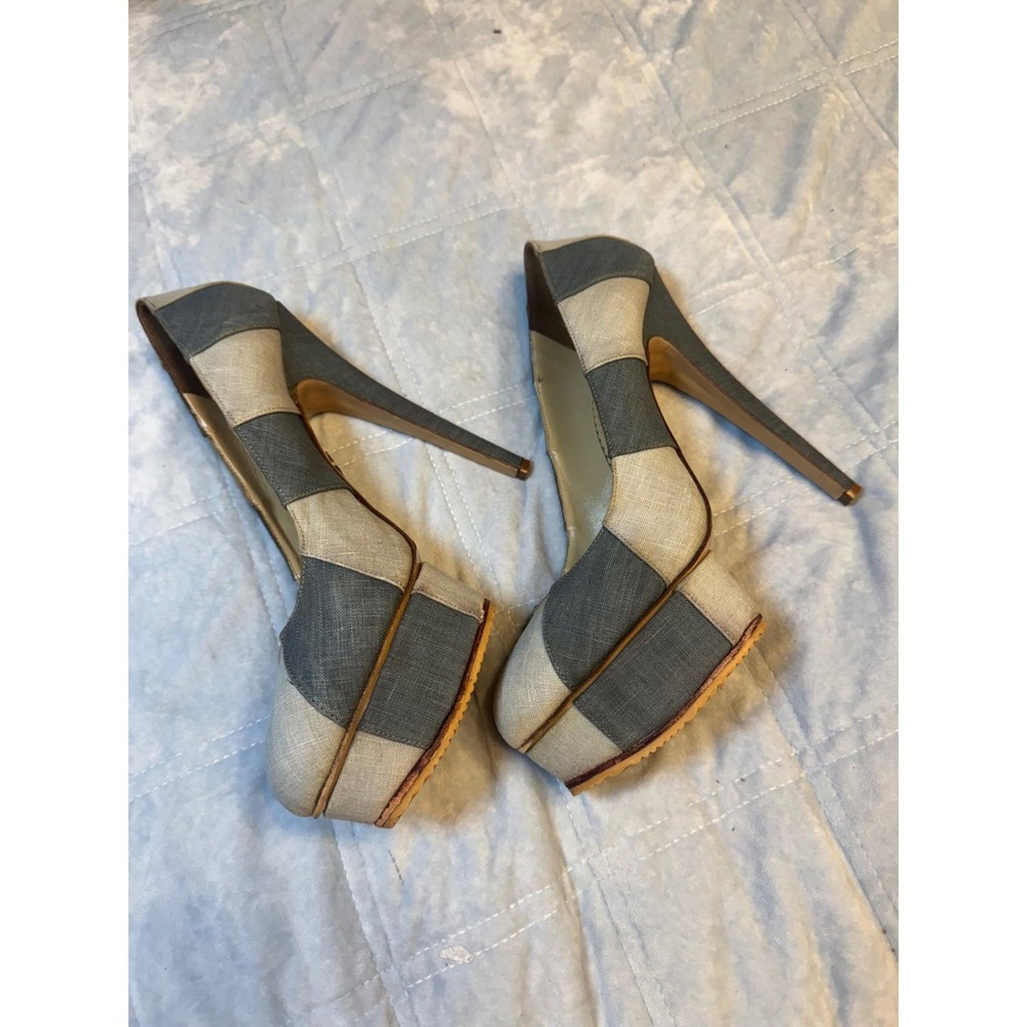 Charlotte Olympia Platform Heels Gray Beige Fabric Block Pumps Size 39