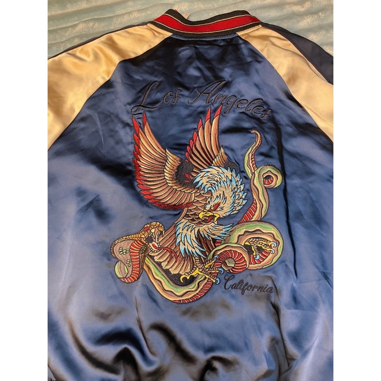 Superdry Mens Bomber Jacket Blue Satin Eagle Embroidery Los Angeles CA Size M