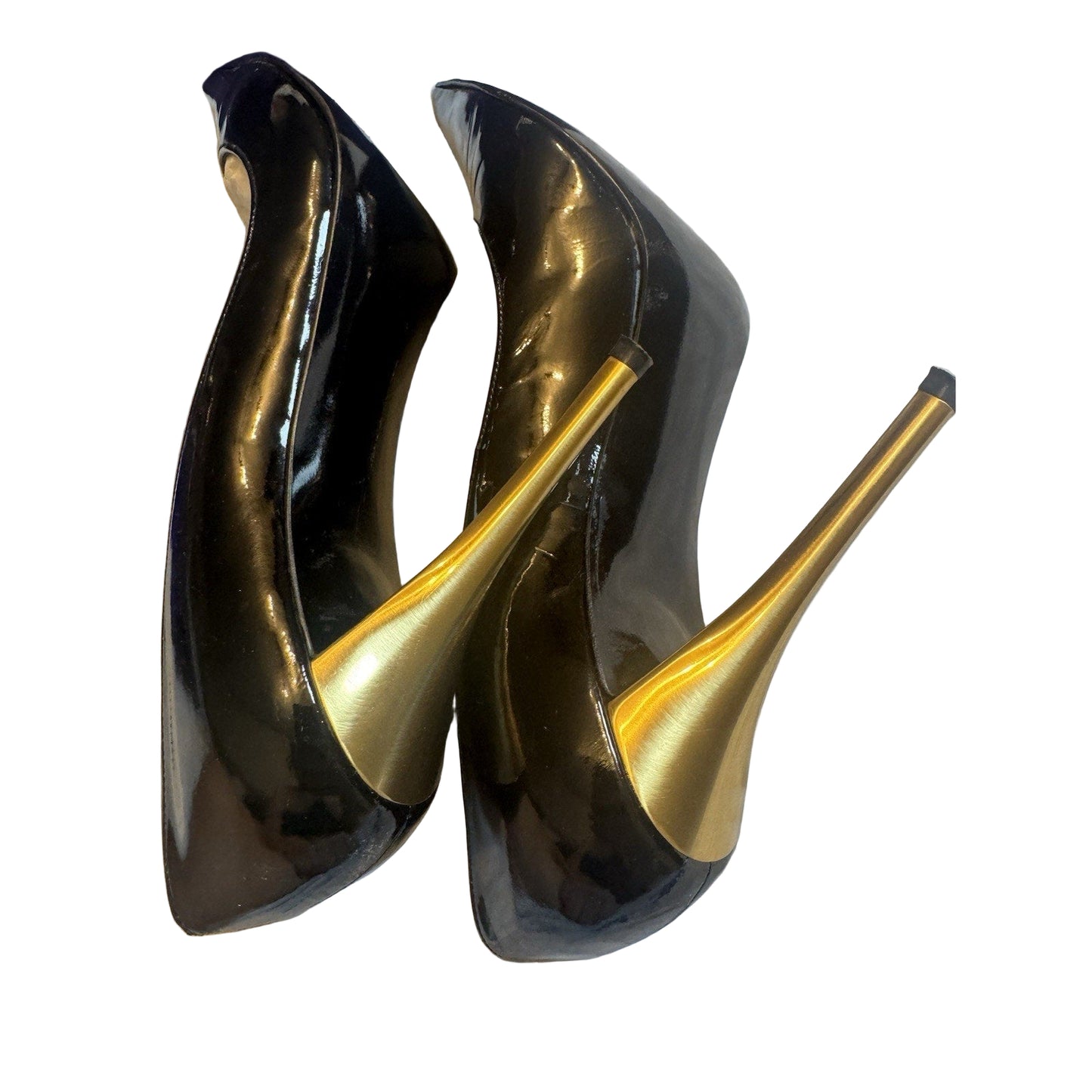Stuart Weitzman Black Patent Leather Gold Heel Pumps Size 8.5N