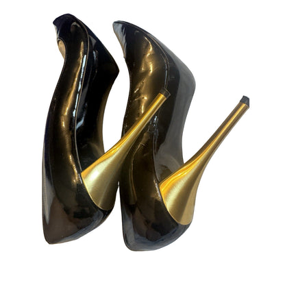 Stuart Weitzman Black Patent Leather Gold Heel Pumps Size 8.5N