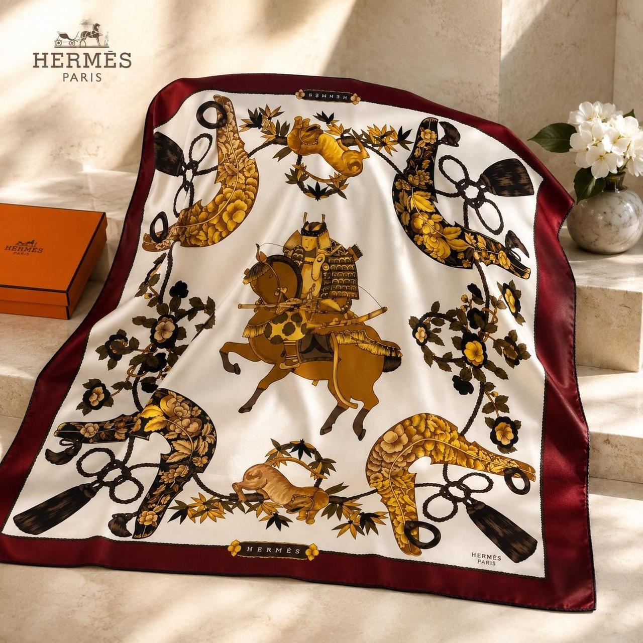 Hermes Parures de Samourais Silk Scarf Burgundy Gold Aline Honore 80cm Square