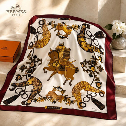 Hermes Parures de Samourais Silk Scarf Burgundy Gold Aline Honore 80cm Square