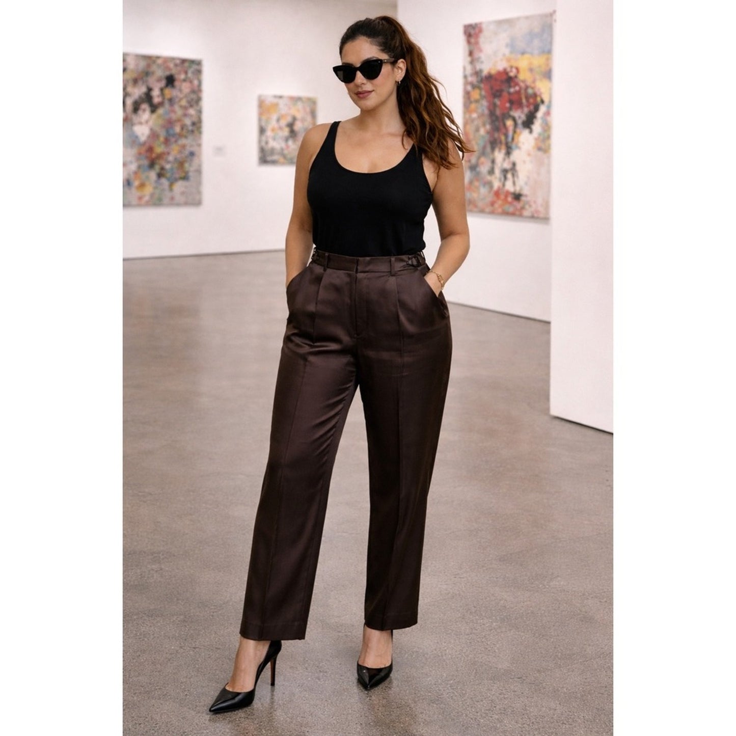 Sandro Paris Women Black Satin Pleated Trousers Dress Pants Size 40/ USA 8