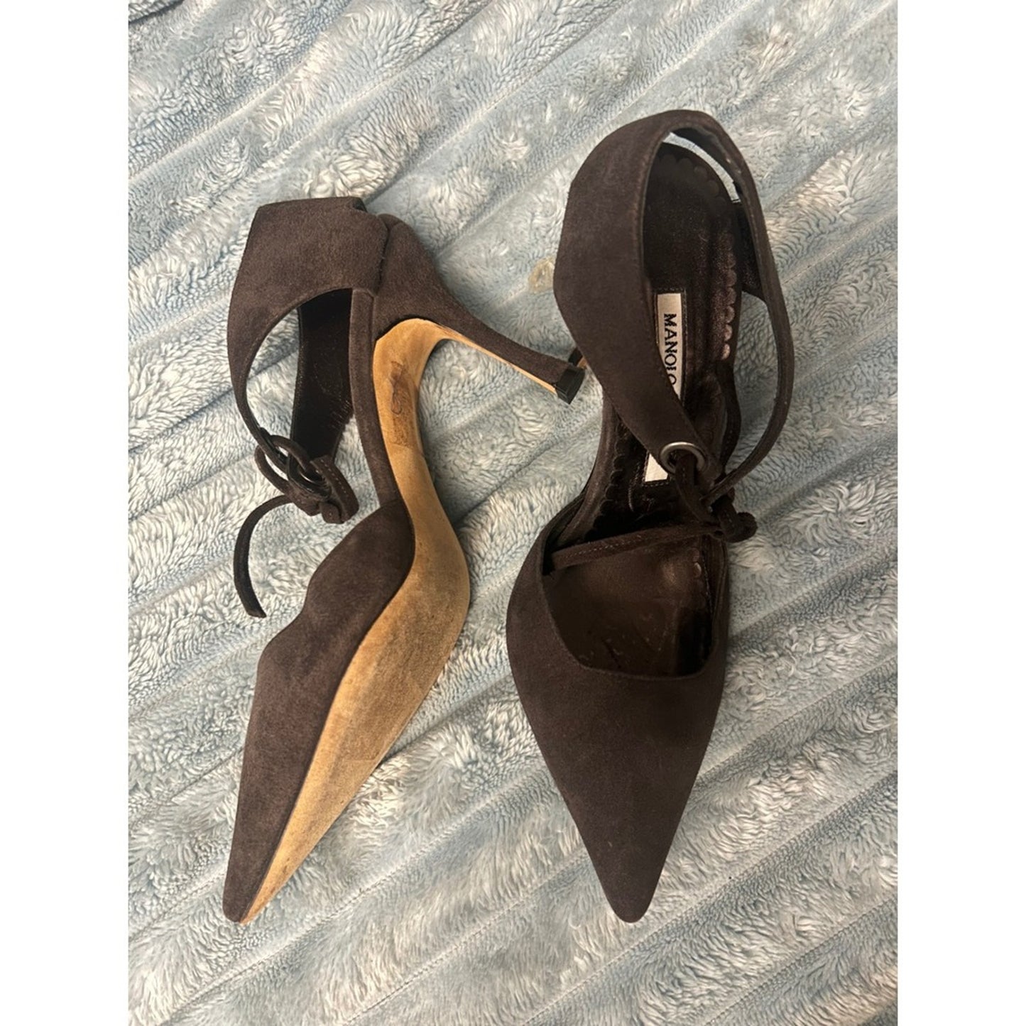 Manolo Blahnik Brown Suede Pointed Toe Lace Up Ankle Wrap Pumps Heels Size 37 EU