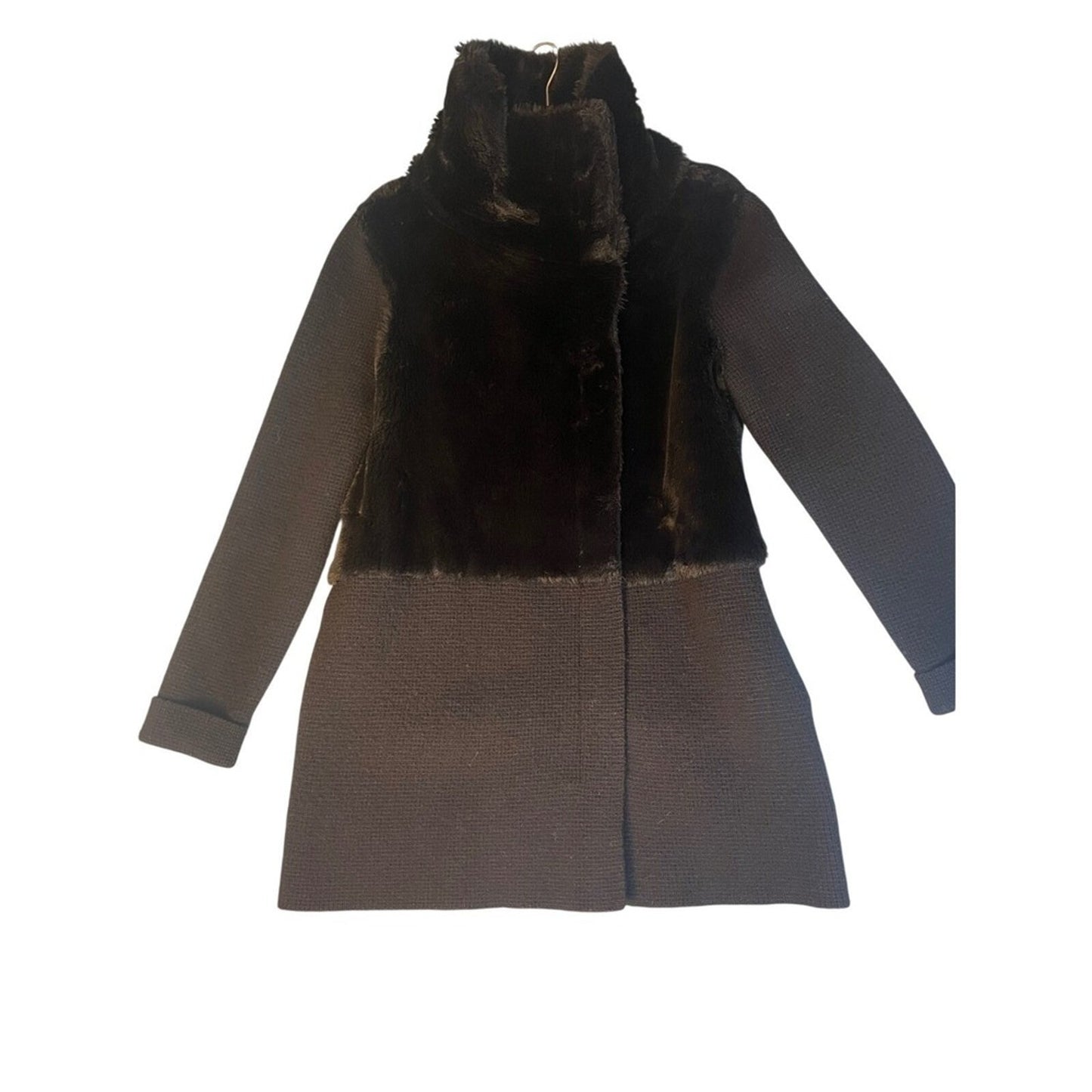 The Kooples Black Faux Fur & Knit Mock Neck Coat Women's Size S