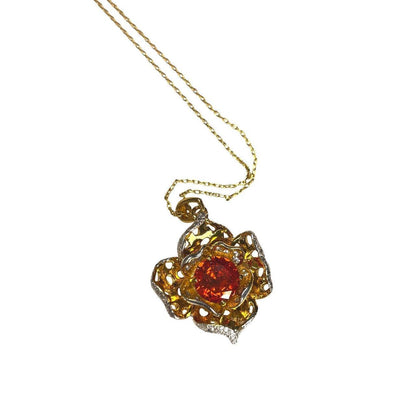 Gold-Tone Rose Pendant Necklace Orange Gem CZ Accents