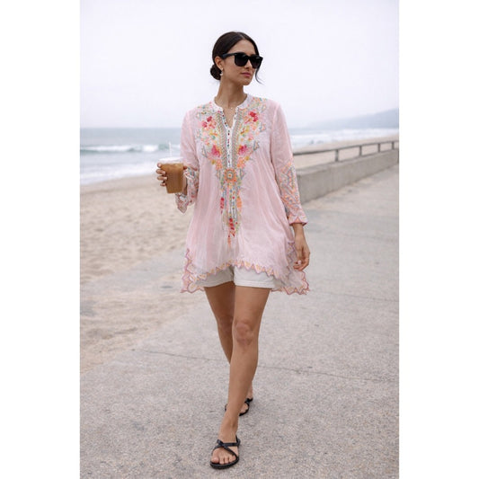 Johnny Was Embroidered Tunic Women Size S Pink Boho Floral Sharkbite Hem
