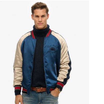 Superdry Mens Bomber Jacket Blue Satin Eagle Embroidery Los Angeles CA Size M