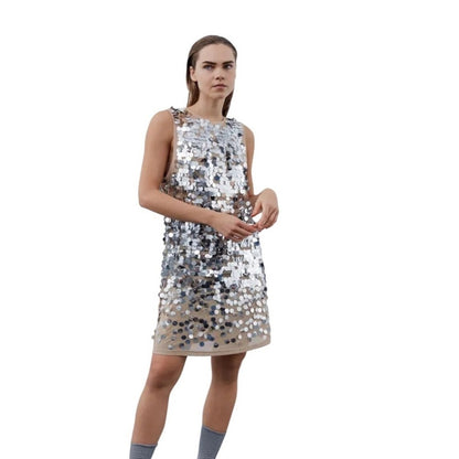 Sofie Schnoor Sequins Embellished Shift Dress Silver Tan Sleeveless size 2