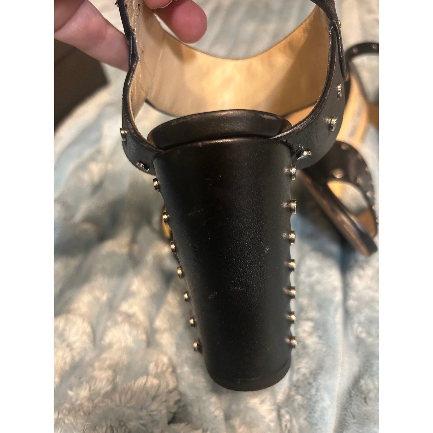 Jimmy Choo Studded Leather Block Heel Sandals Womens 40 Black Silver Studs Good
