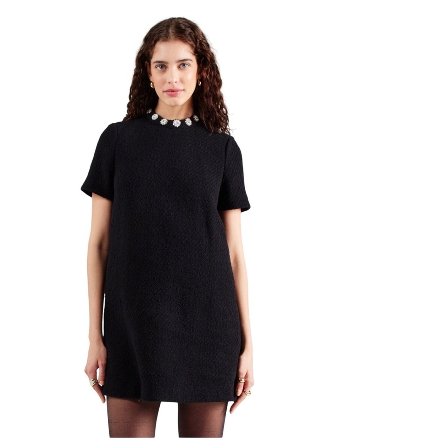 Other Stories Black Textured Short Sleeve Dress Embellished Collar