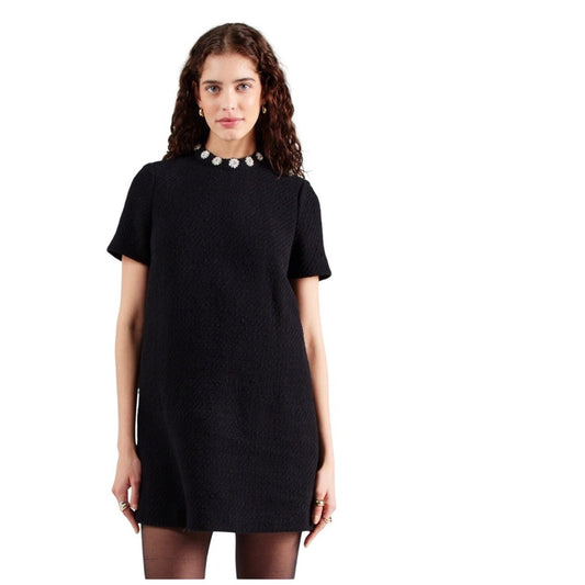 Other Stories Black Textured Short Sleeve Dress Embellished Collar