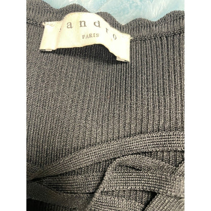 Sandro Paris Ribbed Lace Up V Neck Long Sleeve Sweater Top Black size M