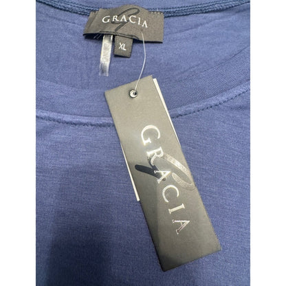 Gracia Top Navy Blue Faux Leather Ruffle Sleeve Crew Neck Short Sleeve XL