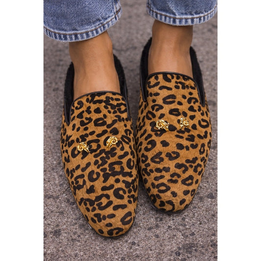 Derek Lam Leopard Calf Hair Shearling Lined Mules Gold Ram Head Loafers